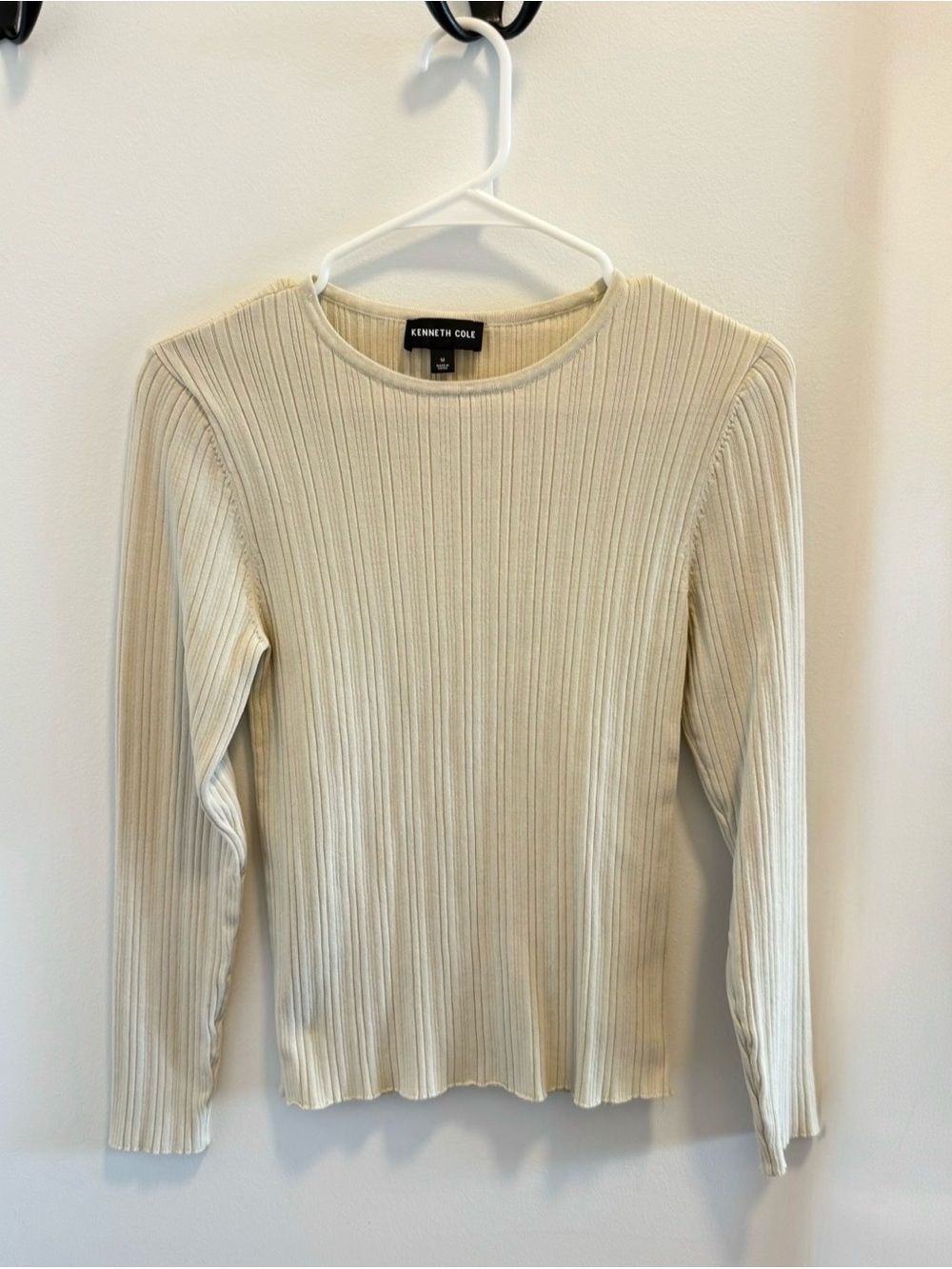 Kenneth Cole Ribbed Crewneck Long-Sleeve Top in Almond Milk Cream Women's Medium